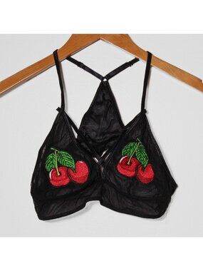 Body Rage Embroidered Cherries Sheer Black Mesh Bralette Festival S/M
